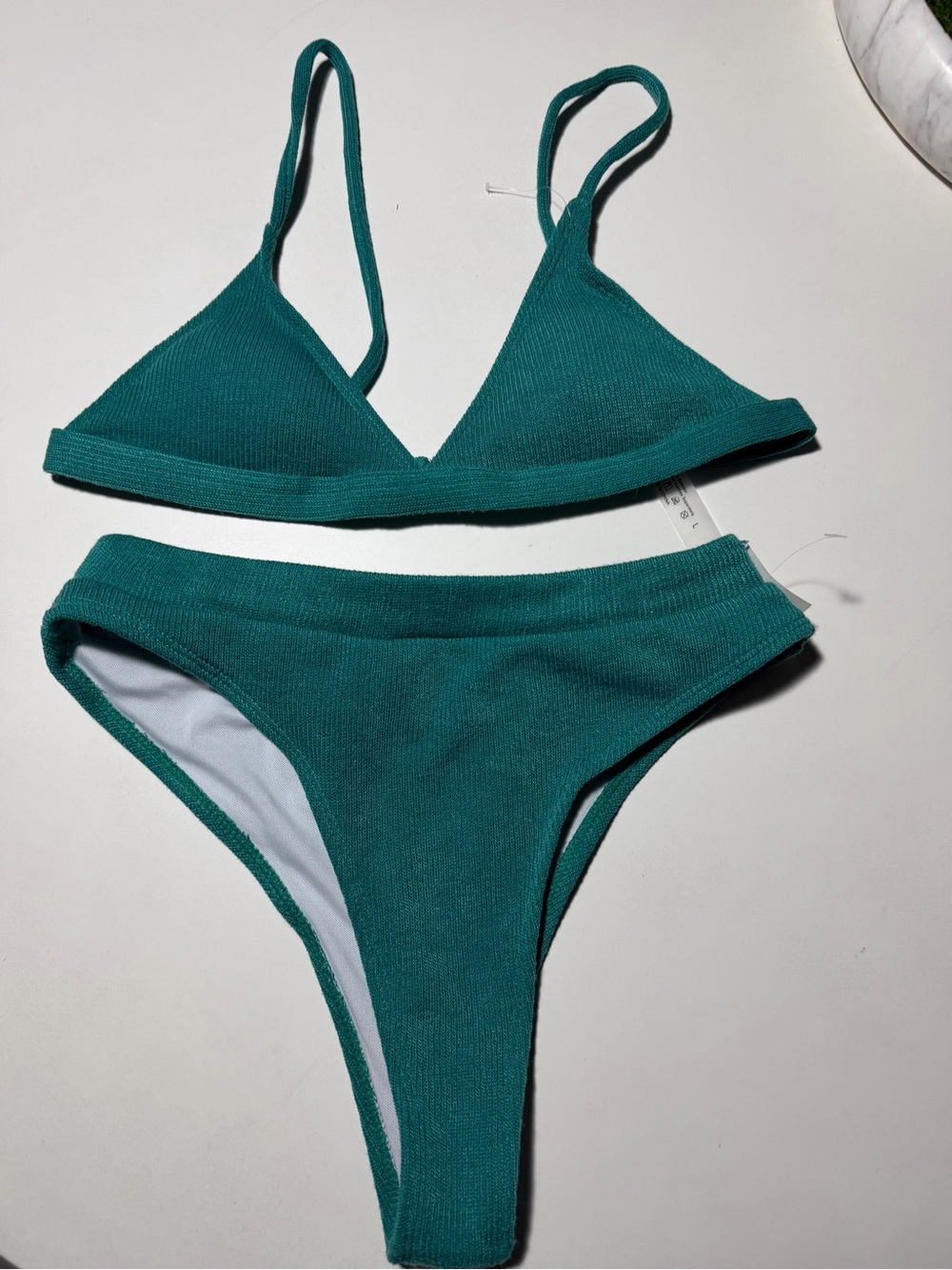 NWT. SHEIN Ribbed Teal Green Bikini Set-High Waisted & Triangle Top-Size Large